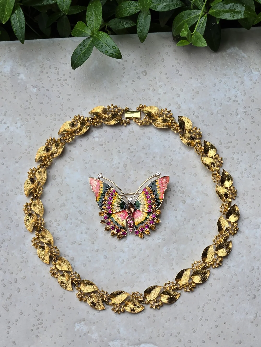 Napier Gold Floral Link Necklace Pink Green Enamel But